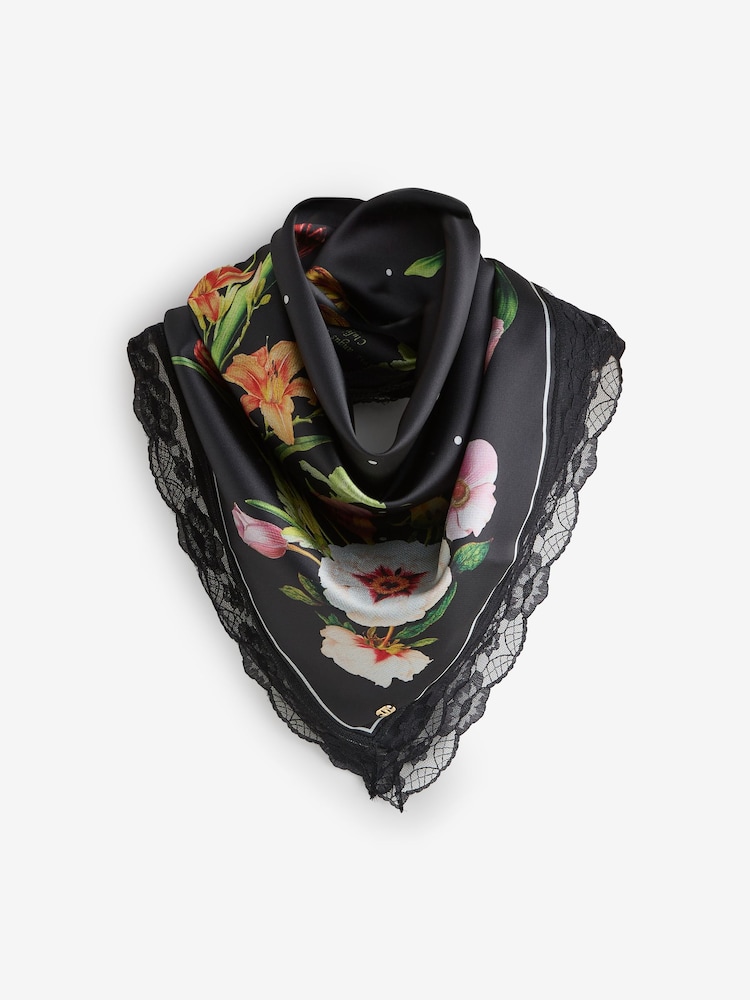 B by Ted Baker Satin Square Lightweight Black Floral Scarf - Image 1 of 3 B by Ted Baker Satin Square Lightweight Black Floral Scarf - Image 1 of 3