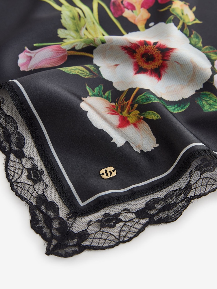 B by Ted Baker Satin Square Lightweight Black Floral Scarf - Image 3 of 3 B by Ted Baker Satin Square Lightweight Black Floral Scarf - Image 3 of 3