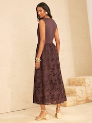 Love & Roses Chocolate Brown V-Neck Broderie Skirt Jersey Midi Dress - Image 4 of 5