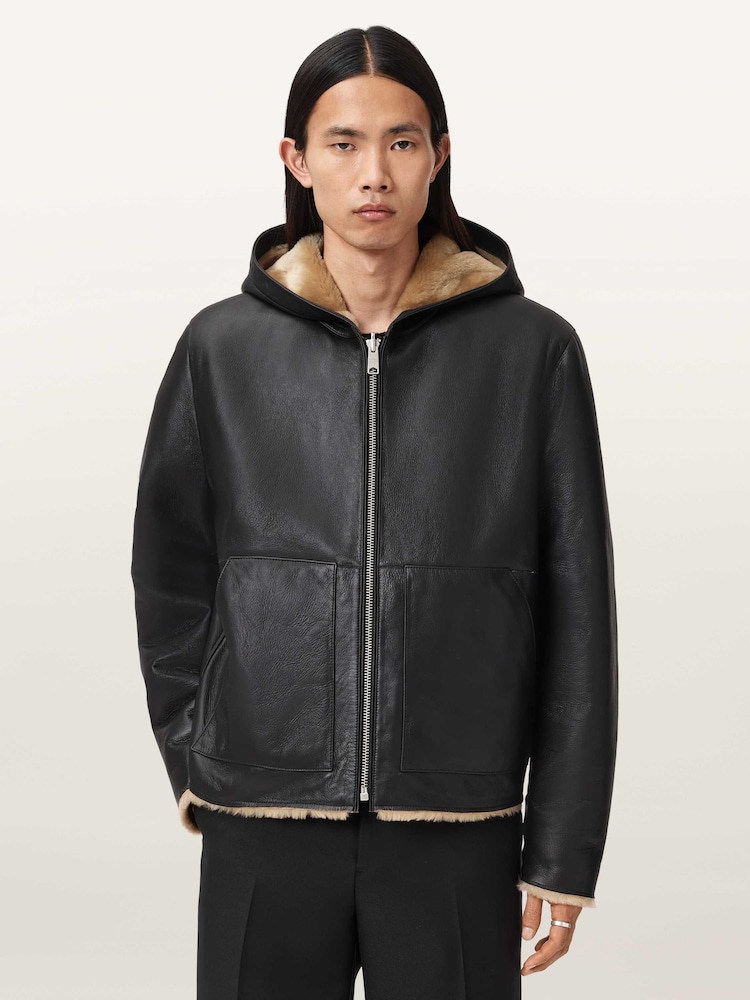 AllSaints Black Mostyn Shearling Bomber Jacket - Image 1 of 8