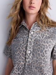 Leopard Print Short Sleeve Utility Denim Mini Dress - Image 5 of 8