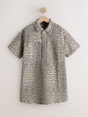 Leopard Print Short Sleeve Utility Denim Mini Dress - Image 6 of 8