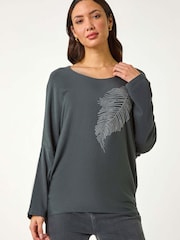 Roman Grey Hotfix Feather Stretch Knit Blouse - Image 1 of 5