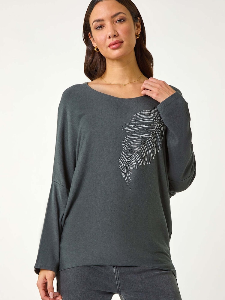Roman Grey Hotfix Feather Stretch Knit Blouse - Image 1 of 5