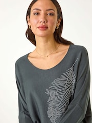 Roman Grey Hotfix Feather Stretch Knit Blouse - Image 2 of 5
