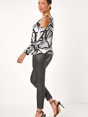 Roman White Abstract Print Cold Shoulder Stretch Top - Image 3 of 5