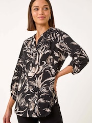 Roman Natural Abstract Print Shoulder Pleat Shirt - Image 1 of 5