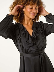 Roman Black Satin V-Neck Ruffle Dress - Image 4 of 5