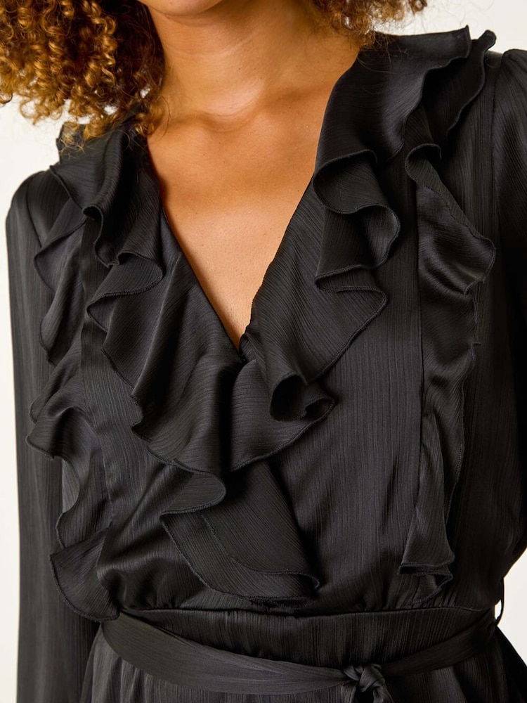 Roman Black Satin V-Neck Ruffle Dress - Image 5 of 5 Roman Black Satin V-Neck Ruffle Dress - Image 5 of 5