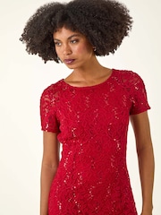 Roman Midikleid aus Spitze mit Blattmuster und Pailletten - Bild 2 von 5