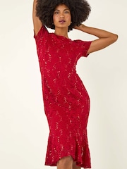 Roman Midikleid aus Spitze mit Blattmuster und Pailletten - Bild 3 von 5