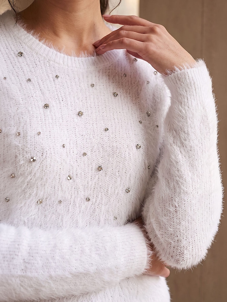 Roman White Embellished Fluffy Knit Jumper - Image 4 of 4 Roman White Embellished Fluffy Knit Jumper - Image 4 of 4