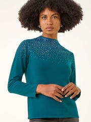 Roman Green Sparkly High Neck Knit Jumper - Image 3 of 8
