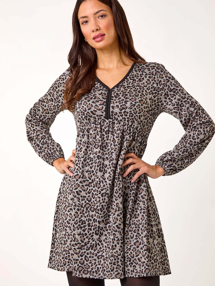 Roman Natural Animal Print V-Neck Stretch Dress - Image 1 of 5 Roman Natural Animal Print V-Neck Stretch Dress - Image 1 of 5