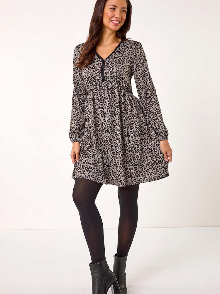 Roman Natural Animal Print V-Neck Stretch Dress - Image 2 of 5 Roman Natural Animal Print V-Neck Stretch Dress - Image 2 of 5