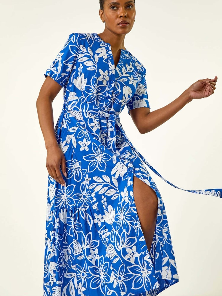 Roman Blue Floral Print Tie Waist Midi Dress - Image 1 of 5 Roman Blue Floral Print Tie Waist Midi Dress - Image 1 of 5