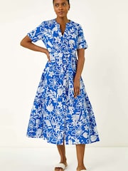 Roman Blue Floral Print Tie Waist Midi Dress - Image 2 of 5