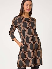 Roman Brown Geometric Jacquard Stretch Dress - Image 3 of 5