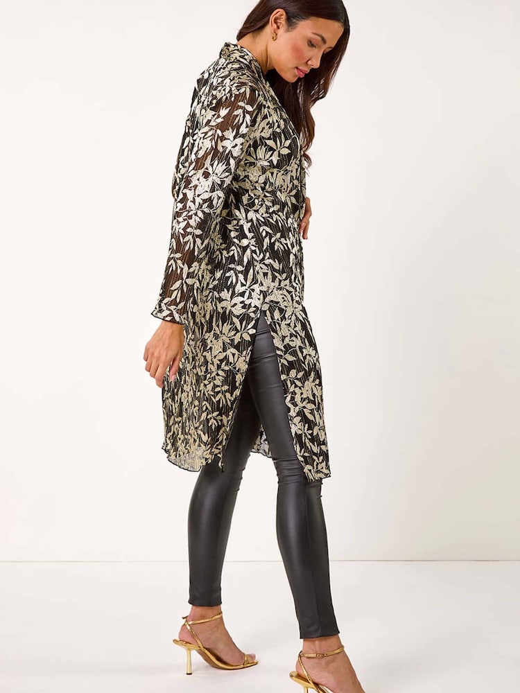 Roman Metallic Leaf Print Metallic  Plisse Kimono - Image 2 of 5