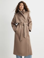 River Island Brown Faux Wool Longline Trench Coat - Image 1 of 4