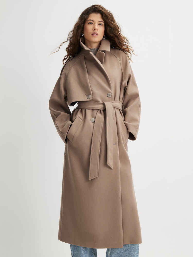 River Island Brown Faux Wool Longline Trench Coat - Image 1 of 4