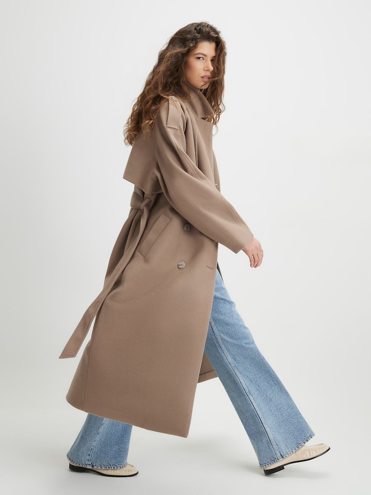 River Island Brown Faux Wool Longline Trench Coat - Image 2 of 4