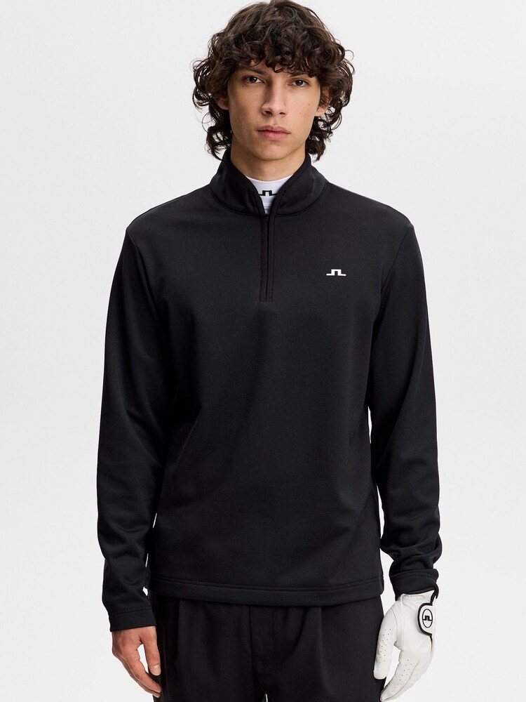 J.Lindeberg Black Clide Quarter Zip Mid Layer Sweat Top - Image 1 of 5 J.Lindeberg Black Clide Quarter Zip Mid Layer Sweat Top - Image 1 of 5