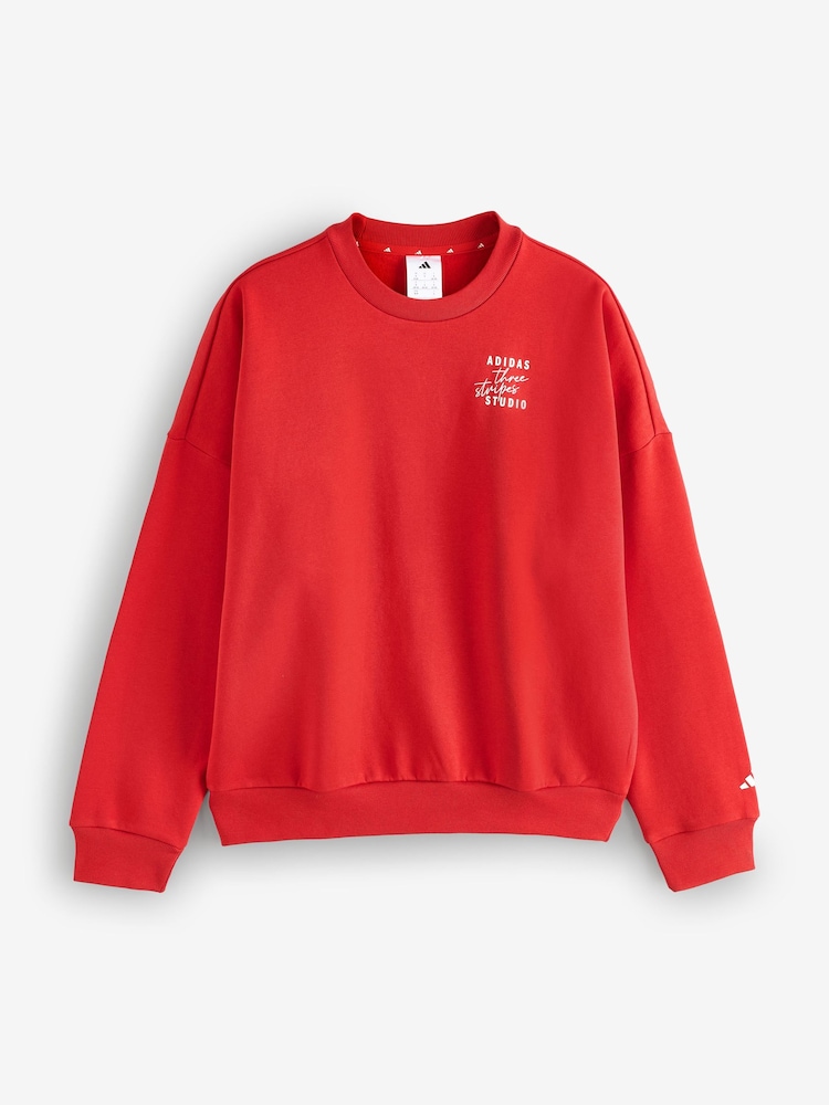adidas Red 3 Stripe Studio Fleece Crew Neck Sweatshirt - Image 1 of 1