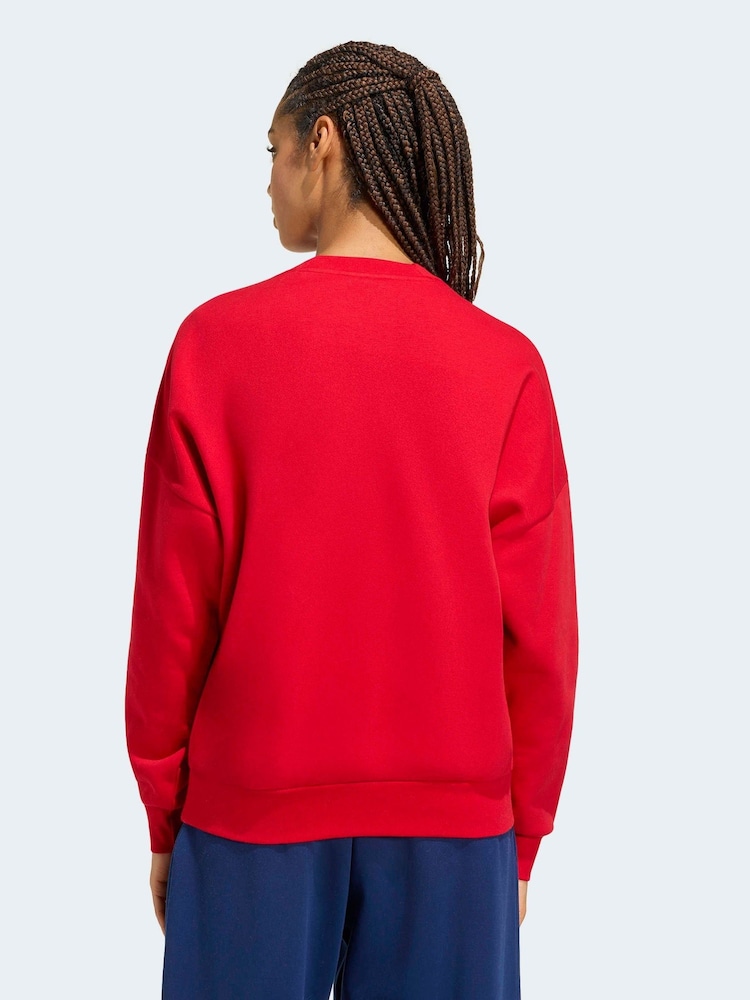 adidas Red 3 Stripe Studio Fleece Crew Neck Sweatshirt - Image 2 of 6