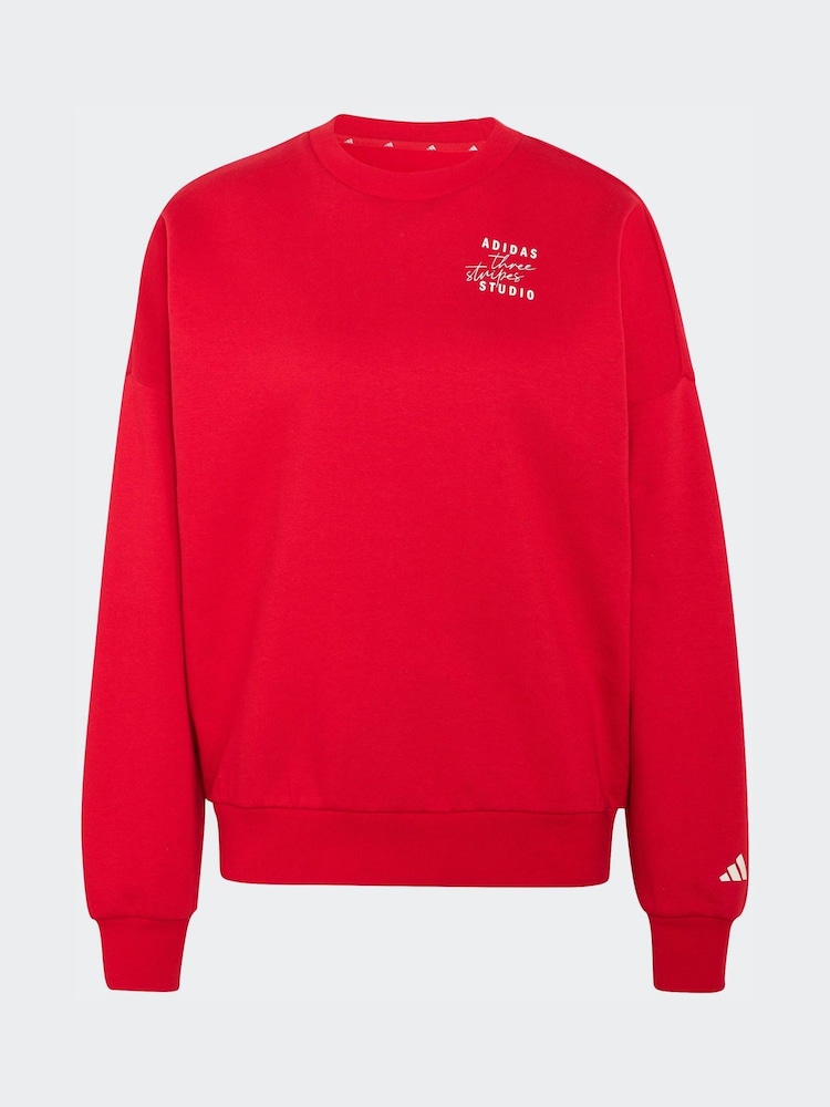 adidas Red 3 Stripe Studio Fleece Crew Neck Sweatshirt - Image 6 of 6
