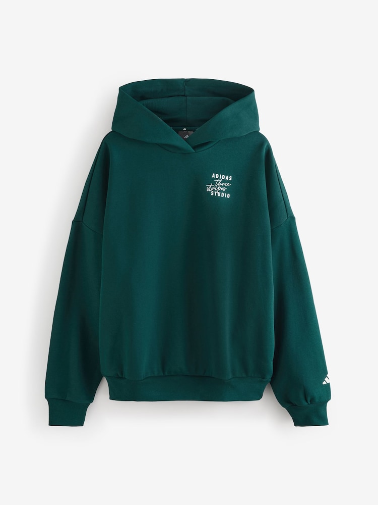 adidas Green 3 Stripe Studio Fleece Hoodie - Image 1 of 1