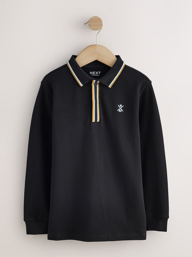 Noir - Long Sleeve Tipped Polo Shirt (3-16yrs) - Image 1 de 4