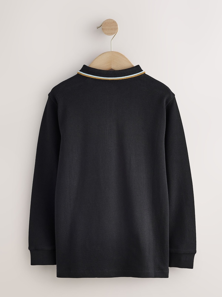 Noir - Long Sleeve Tipped Polo Shirt (3-16yrs) - Image 2 de 4