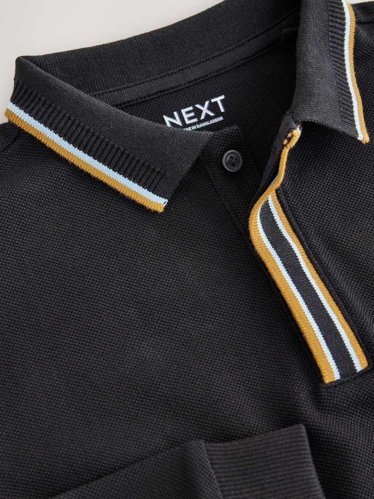 Noir - Long Sleeve Tipped Polo Shirt (3-16yrs) - Image 4 de 4