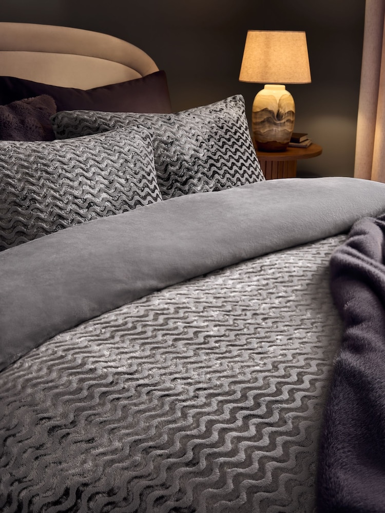 Grey Stripe Textured Fleece Bedding Duvet Cover and Pillowcase Set - Image 1 of 4 Grey Stripe Textured Fleece Bedding Duvet Cover and Pillowcase Set - Image 1 of 4