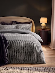 Grey Stripe Textured Fleece Bedding Duvet Cover and Pillowcase Set - Image 2 of 4