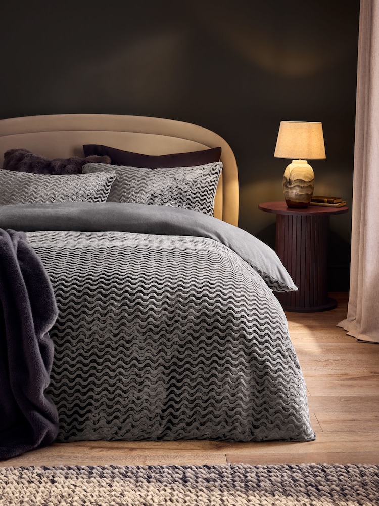 Grey Stripe Textured Fleece Bedding Duvet Cover and Pillowcase Set - Image 2 of 4 Grey Stripe Textured Fleece Bedding Duvet Cover and Pillowcase Set - Image 2 of 4