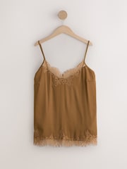 Złoty - Satynowy top na ramiączkach z koronkowym wykończeniem - Obraz 6 z 8