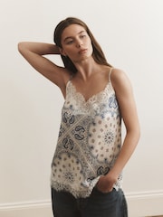 White/Blue Scarf Print - Satynowy top na ramiączkach z koronkowym wykończeniem - Obraz 1 z 8