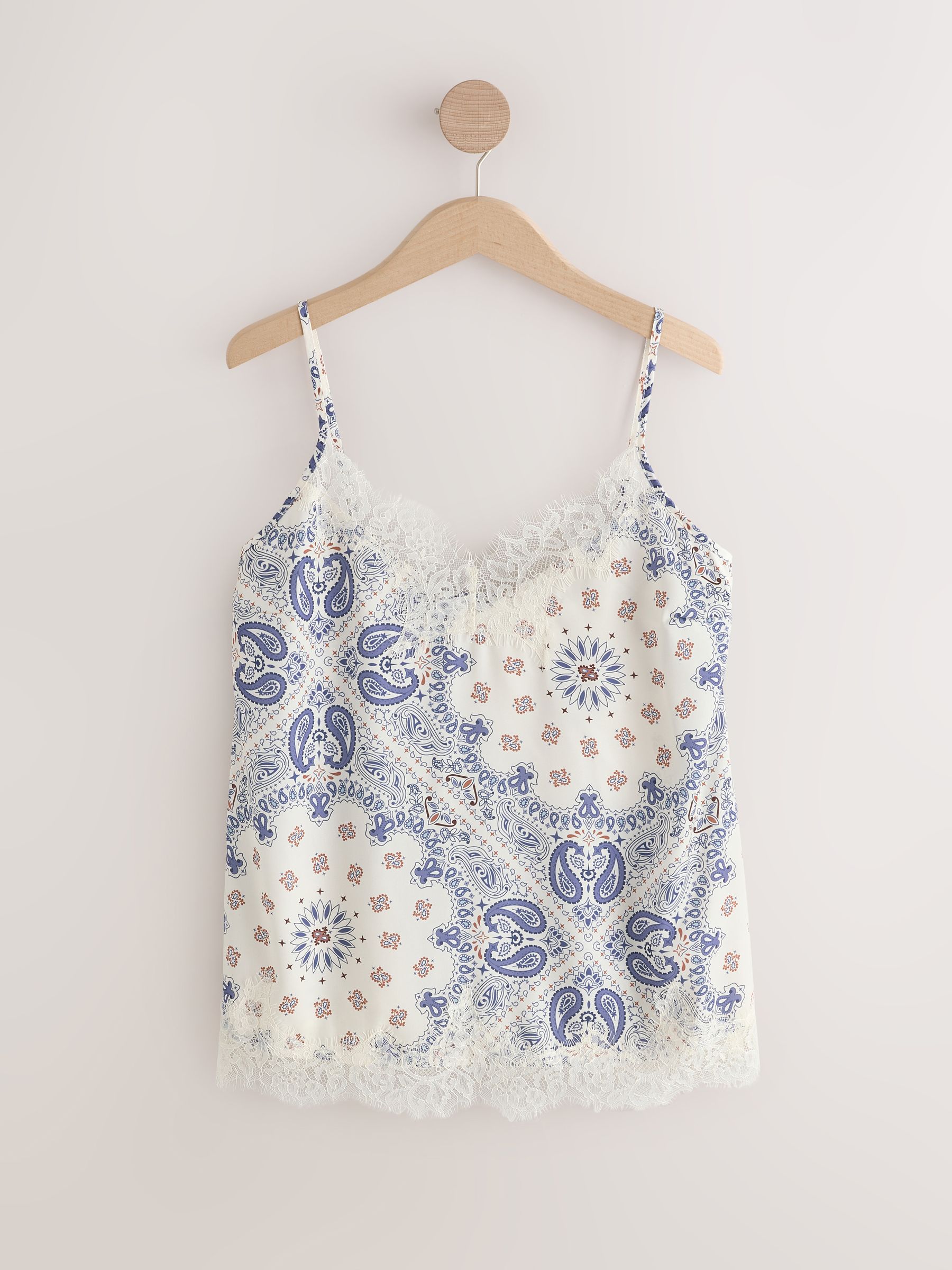 Buy White/Blue Scarf Print Lace Trim Satin Cami Top from Next USA