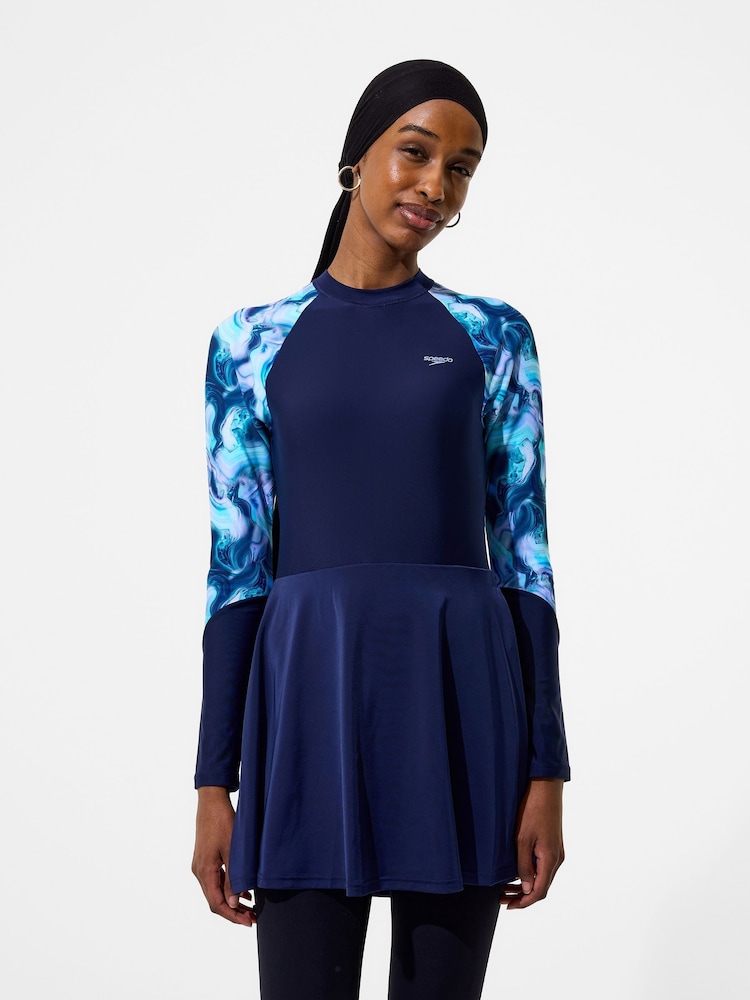 Speedo Blue Print Long Sleeve Swim Dress - Image 1 of 6 Speedo Blue Print Long Sleeve Swim Dress - Image 1 of 6