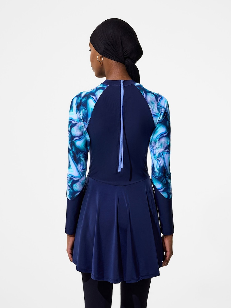 Speedo Blue Print Long Sleeve Swim Dress - Image 2 of 6 Speedo Blue Print Long Sleeve Swim Dress - Image 2 of 6