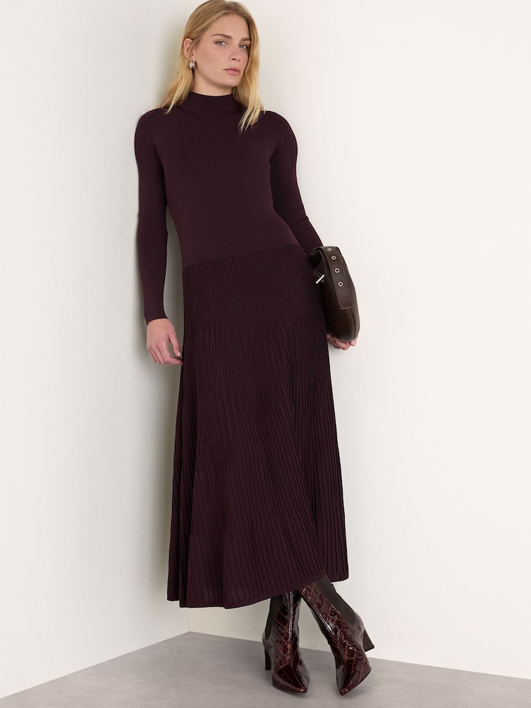 Whistles Purple Funnel Neck Pleated Knit Dress - Image 1 of 4 Whistles Purple Funnel Neck Pleated Knit Dress - Image 1 of 4