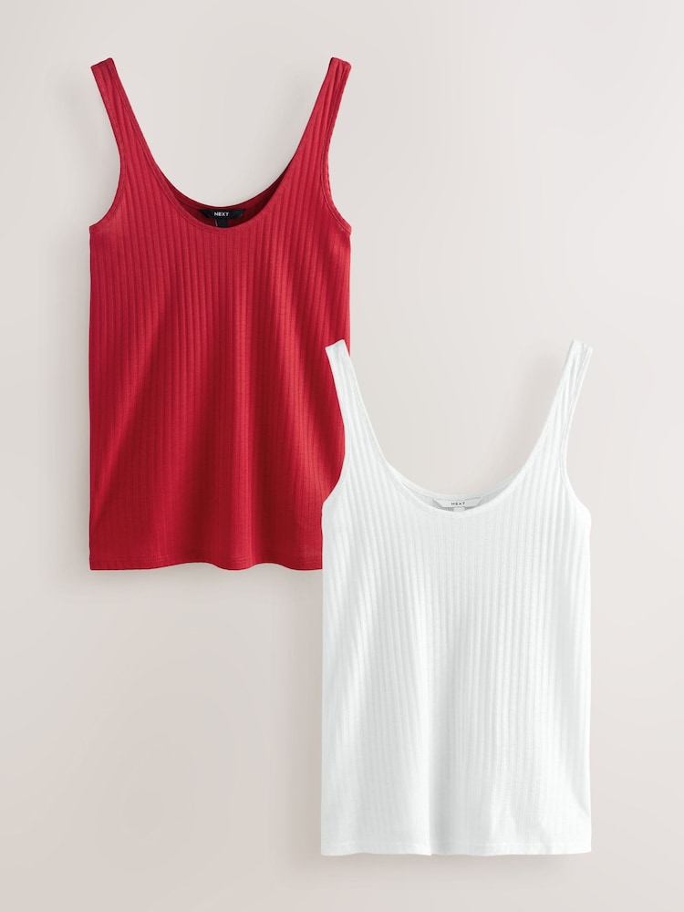 Red/White Strappy Scoop Neck Slouch Ribbed Vests 2 Pack - Image 1 of 9 Red/White Strappy Scoop Neck Slouch Ribbed Vests 2 Pack - Image 1 of 9