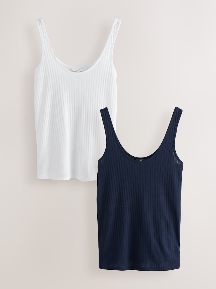 Navy/White Strappy Scoop Neck Slouch Ribbed Vests 2 Pack - Image 1 of 9 Navy/White Strappy Scoop Neck Slouch Ribbed Vests 2 Pack - Image 1 of 9