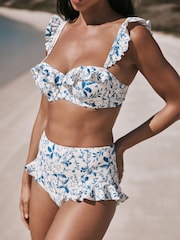 Cream/Blue Ditsy Floral - Frill Leg Alto Waist Bikini Bottoms - Imagen 1 de 8