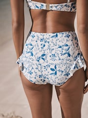 Cream/Blue Ditsy Floral - Frill Leg Alto Waist Bikini Bottoms - Imagen 3 de 8