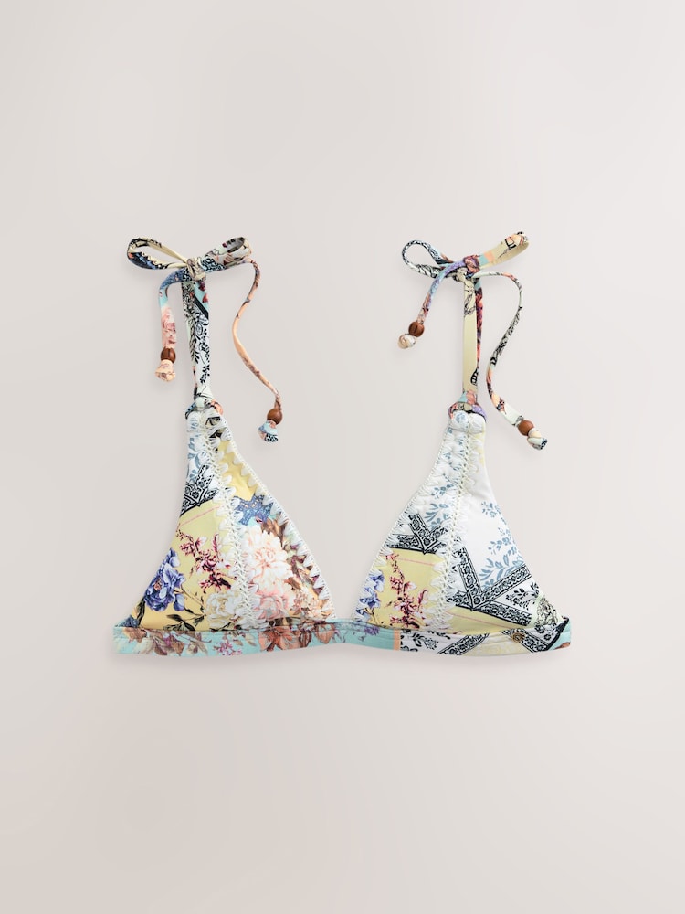 Cream/Yellow Vintage Floral Whipstitch Triangle Bikini Top - Image 1 of 3