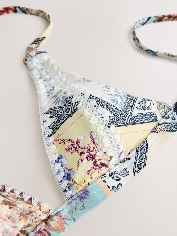 Cream/Yellow Vintage Floral Whipstitch Triangle Bikini Top - Image 2 of 3