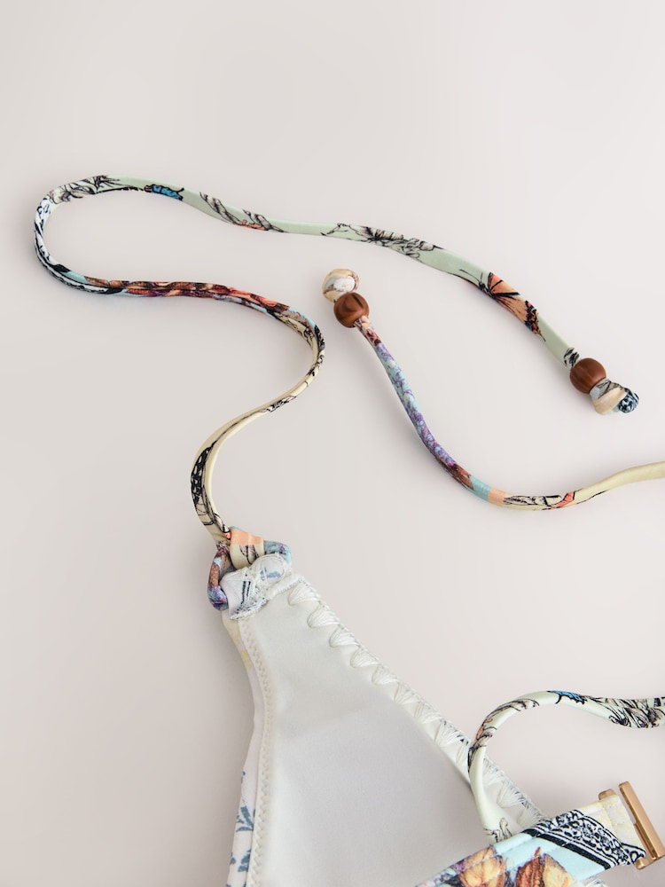 Cream/Yellow Vintage Floral Whipstitch Triangle Bikini Top - Image 3 of 3